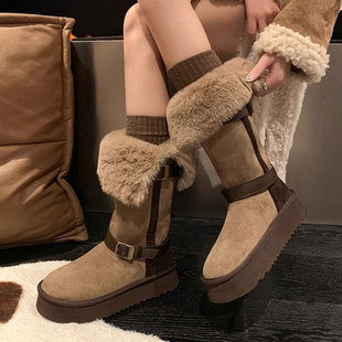 皮毛一体翻边毛毛长筒靴子加绒保暖棉鞋 厚底两穿雪地靴 女2025冬季