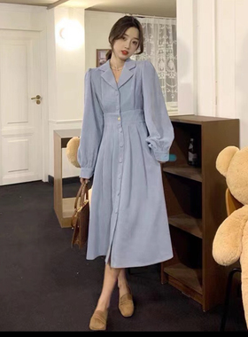 灯芯绒衬衫连衣裙女2023新款法式小香风别致名媛年会礼服长裙春秋