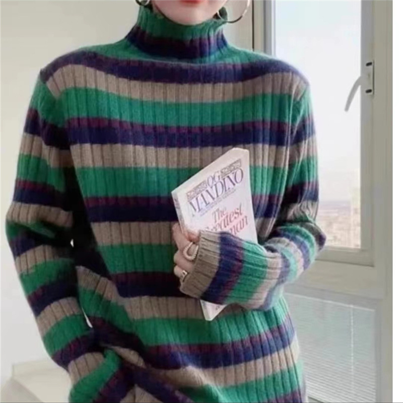 秋冬加厚内搭欧货早秋套头毛衣针织衫上衣条纹半高领羊绒打底衫女