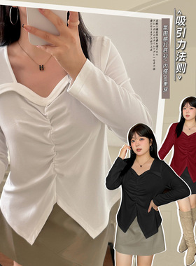 W1231轩辰微胖大码韩版设计感拈褶打底衫秋新款胖MM遮肉长袖上衣