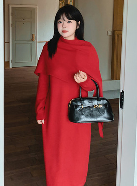 大码圆领内搭打底裙女针织长裙2025冬款胖mm连衣裙披肩套装22810