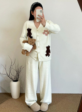大码女装加绒加厚针织提花睡衣女2025冬胖mm休闲家居服套装23637