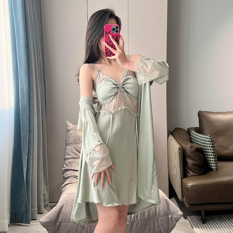冰丝绸睡衣女春夏薄款长袖睡袍性感带胸垫镂空露背睡裙家居服套装
