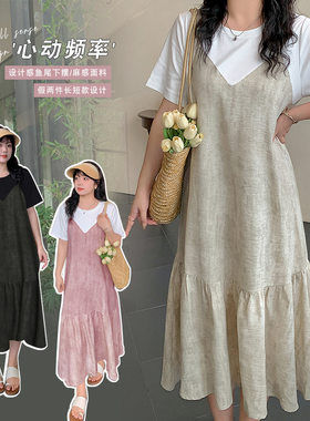 W1203夏季新品胖mm设计感连衣裙微胖假两件鱼尾女裙休闲长T裙-BFD