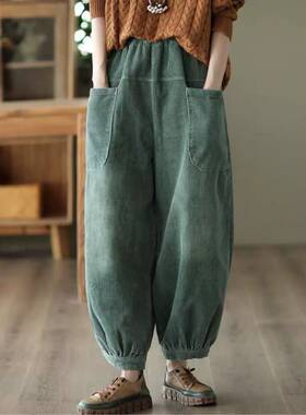 现货秋冬灯芯绒女裤复古文艺宽松显瘦哈伦裤日系肥腿裤灯笼裤