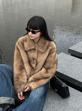 鹿西 环保狐狸毛皮草外套女2025冬季新款短款毛毛仿貂皮上衣8557