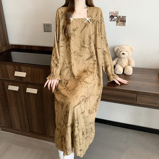 孕妇睡衣绵绸春秋天家居服 长袖 棉绸睡裙女夏季 薄款 网红风宽松大码