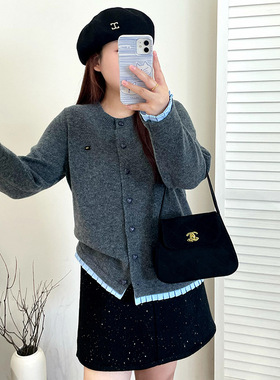 大码女装撞色拼接长袖外套2025冬胖mm宽松慵懒针织衫女毛衣23535