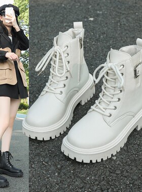 白色马丁靴女2024年新款单靴英伦风厚底小个子增高外贸大码短靴女