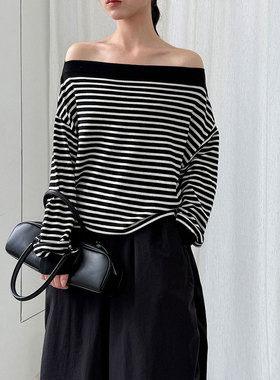 鹿西 条纹一字领羊毛针织衫女2025秋季新款韩系简约小众上衣ss750