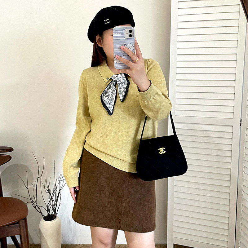 大码女装气质polo领丝巾上衣2025秋款胖mm宽松休闲针织衫女23555