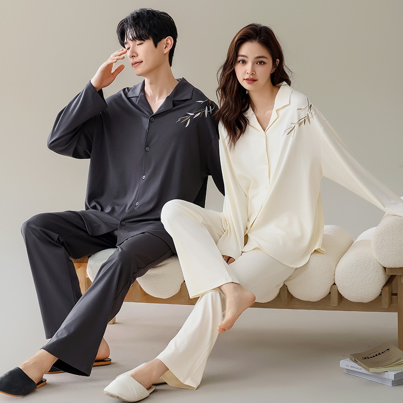 情侣睡衣秋冬季开衫翻领纯棉女士卡通家居服男士宽松休闲全棉套装