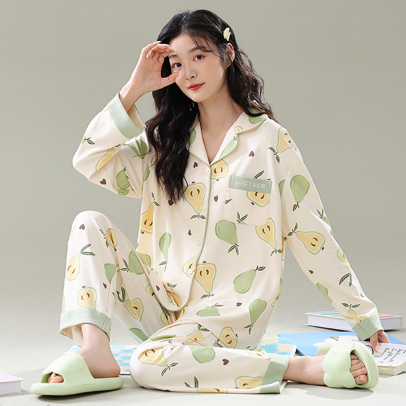睡衣女秋冬季开衫翻领长袖青年女士宽松卡通可爱家居服可外穿套装