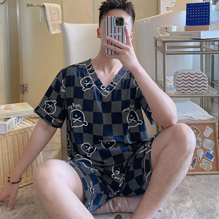 天青少年可外穿棉绸家居服套装 2025新款 绵绸睡衣夏季 男士 宽松短袖