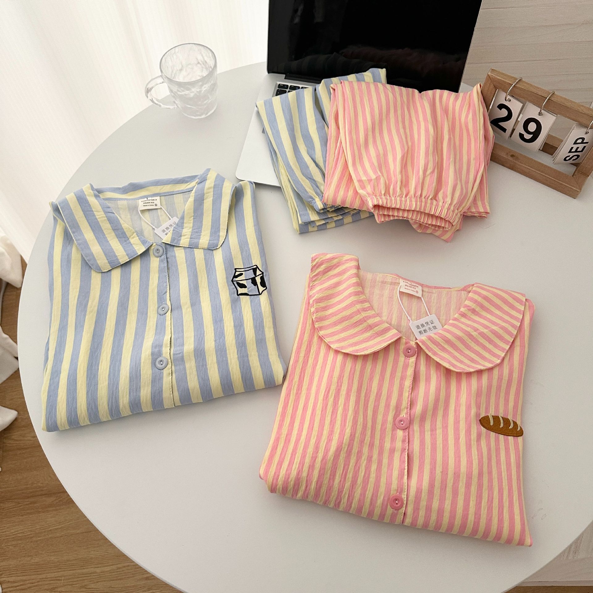 韩系情侣睡衣女春秋季云朵棉条纹长袖ins风休闲男士家居服两件套