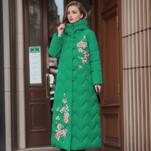中欧美新款复古民族风棉袄长款过膝棉衣女棉服盘扣刺绣冬季外套潮