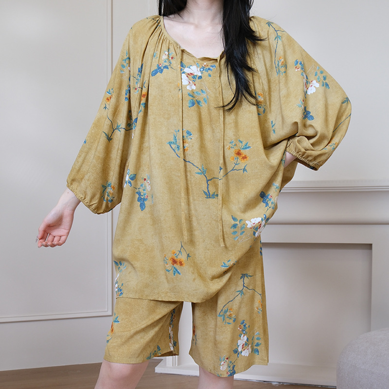 防凸点短袖睡衣棉绸新中式国风绵绸两件套装可外穿家居服带内衬薄