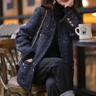 毛呢大衣百搭 小香风毛呢外套胖mm气质名媛小众中长款 2617大码 女装