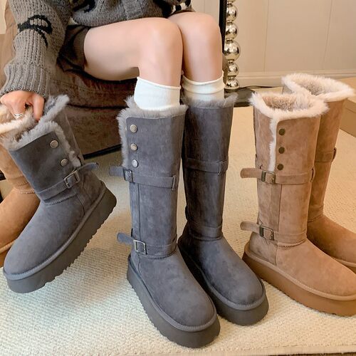 皮毛一体厚底雪地靴女翻折长靴保暖加绒加厚东北棉鞋两穿长筒靴
