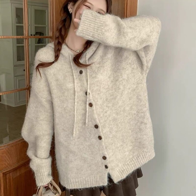 跨境新款连帽休闲针织开衫毛衣外套宽松长袖设计感减龄卫衣帽衫女