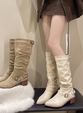 尖头白色高筒靴女2025秋冬新款不过膝粗跟骑士靴小个子显瘦长靴