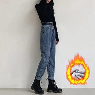 阔腿老爹牛仔裤 胖mm女装 2020年秋冬加绒高腰直筒宽松显瘦大码 新款