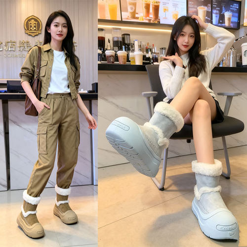 小个子厚底加绒防滑棉靴女2025秋冬季新款奶蓝皮毛一体保暖雪地靴