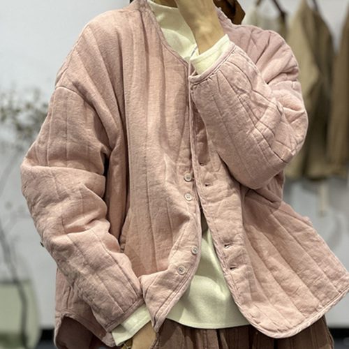 秋冬原创文艺复古做旧棉麻外套宽松减龄甜美百搭保暖开衫棉服