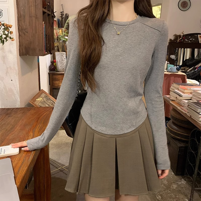 欧货2025秋冬新款加绒加厚打底衫t恤女鱼骨收腰修身内搭长袖上衣