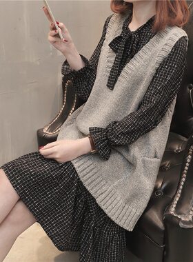 大码女装秋冬季中长款毛衣连衣裙女胖mm针织马甲两件套针织打底裙