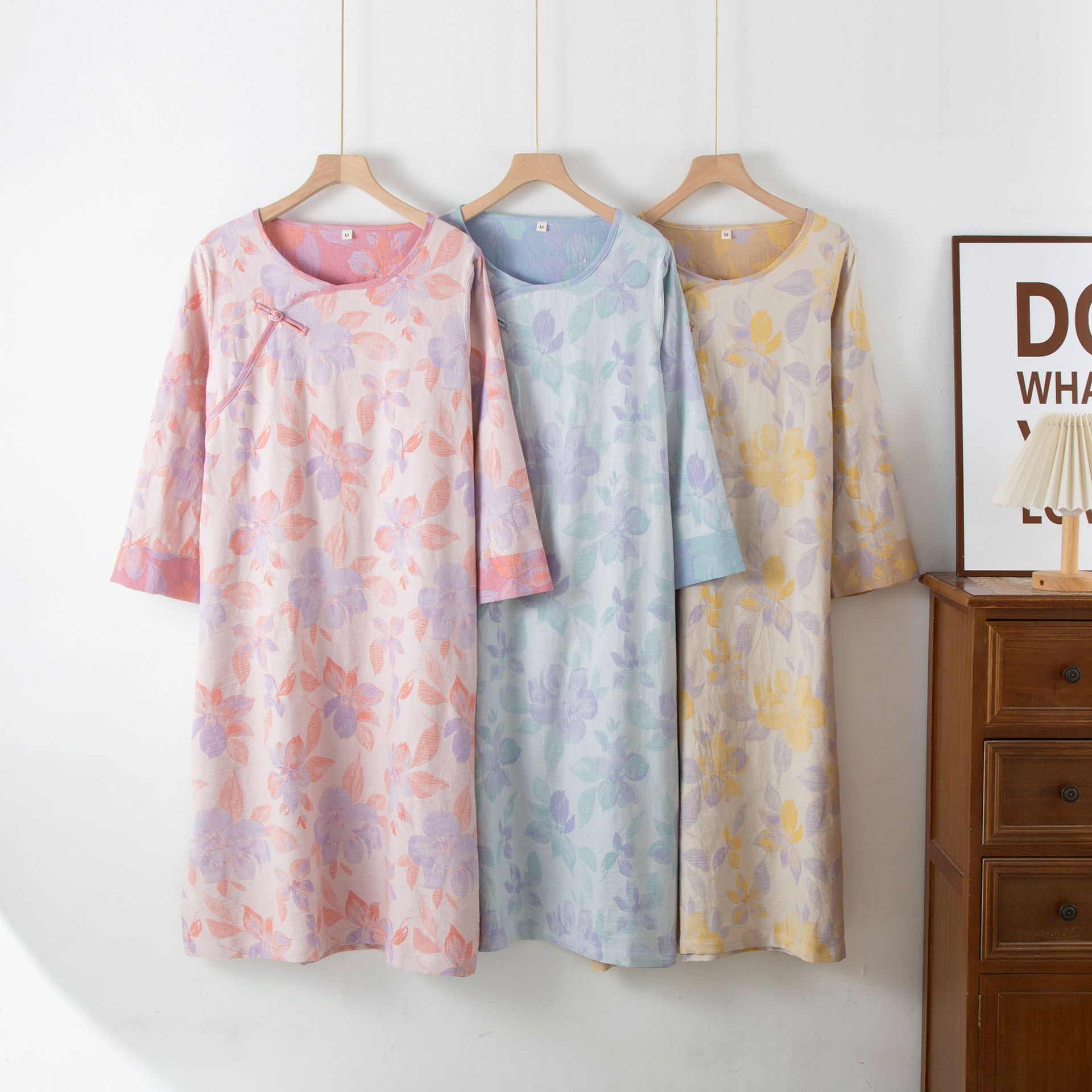 国风纯棉睡裙双层纱布中长款女春夏秋季薄款九分袖轻奢全棉家居裙