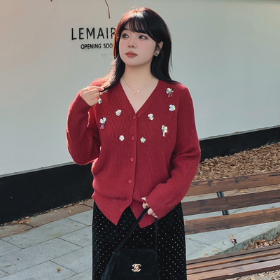 大码女装设计感立体花朵上衣女2025冬胖mm宽松针织开衫外套22801