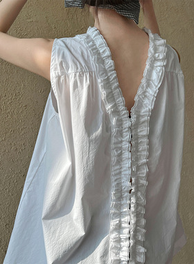 鹿西 法式小众设计木耳边无袖衬衫女新款花瓣领无袖两穿小衫3529