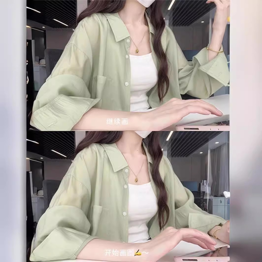 薄荷绿夏季防晒衬衫女2024新款薄款长袖高级慵懒风宽松外套防晒衣