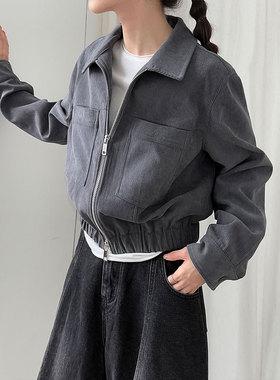 鹿西复古翻领灯芯绒短款夹克女25秋季新款双拉链休闲收腰外套9771