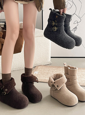 复古厚底勃肯鞋雪地靴女冬季绒面两穿马丁短靴加绒保暖内增高棉鞋