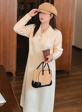 大码女装polo领毛衣裙女直筒长裙2025冬胖mm宽松针织连衣裙22636