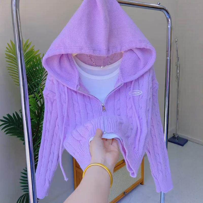 秋冬韩版设计感拉链连帽麻花毛衣外套开衫紫色甜美温柔风针织衫女