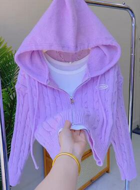 秋冬韩版设计感拉链连帽麻花毛衣外套开衫紫色甜美温柔风针织衫女