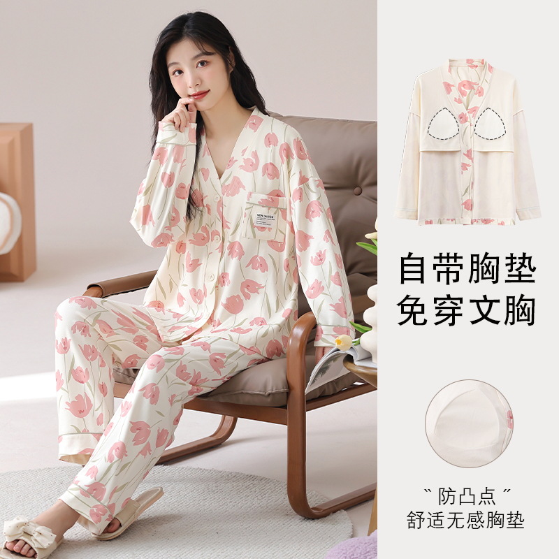 带胸垫卡通睡衣女秋冬季长袖开衫和服棉质休闲家居服两件套可外穿