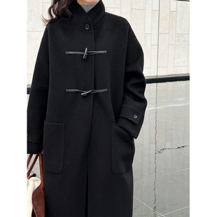 立领牛角扣呢外套5205 宽松长款 鹿西复古羊毛双面呢大衣女冬季 经典