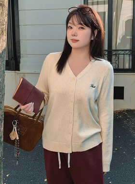 大码女装v领刺绣外套2025冬胖mm百搭休闲上衣女宽松针织开衫22752