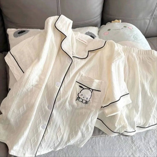 薄款 短袖 跨境睡衣女夏季 日系卡通开衫 短裤 甜美可爱少女家居服套装