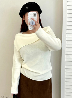 大码女装设计感不规则上衣女2025秋款胖mm宽松一字领针织衫23173