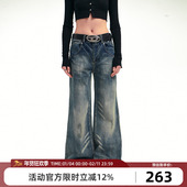 女款 Goosfir 春季 新品 原创设计美式 复古蓝色宽松水洗阔腿牛仔裤