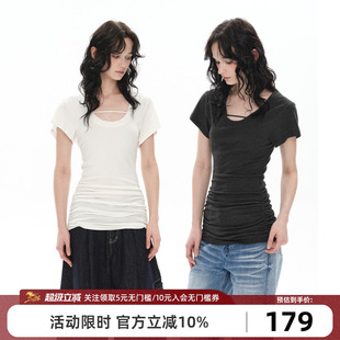 Goosfir 原创设计夏季新款灰白双色正肩收腰短袖T恤打底衫上衣女