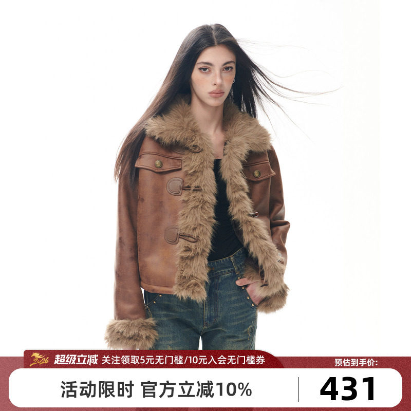 Goosfir 原创设计复古做旧毛绒拼接外套秋冬新款保暖褐色皮大衣女