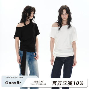 休闲腰下飘带T恤气质上衣 Goosfir 原创设计夏季 新款 双色斜肩修身