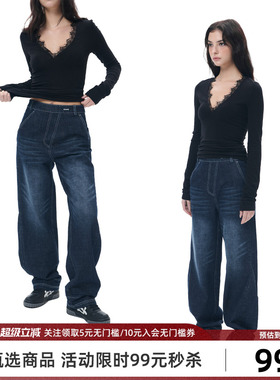 Goosfir 原创设计秋冬新款复古水洗做旧蓝色牛仔裤直筒宽松阔腿裤