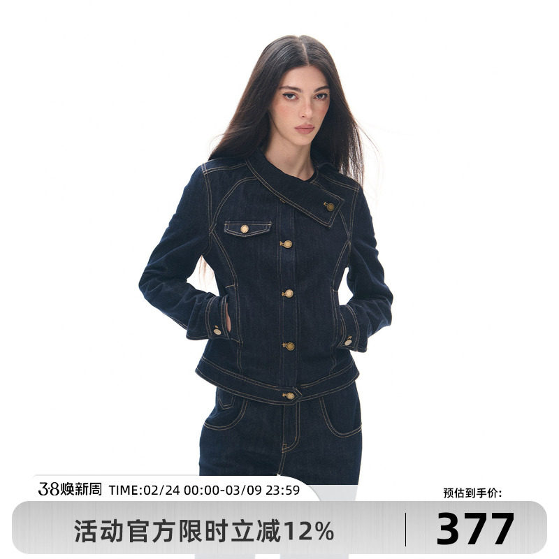 Goosfir 原创设计新款斜领扣修身显瘦收腰牛仔外套短款原牛色夹克